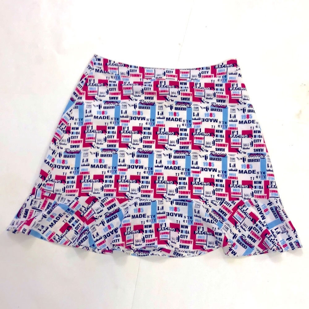 Tommy Hilfiger M Skirt Red Blue White Graphic Design ruffle side zipper Great